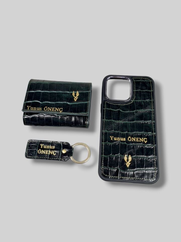 VİSSO 660 HAKİKİ DERİ ÇANTA İSME ÖZEL GÜÇLÜ MIKNATISLI KİLİT AKORDİYON YELPAZE KARTLIK CÜZDAN ERKEK KADIN MODELİ Yeşil Croco + Anahtarlık+ kılıf