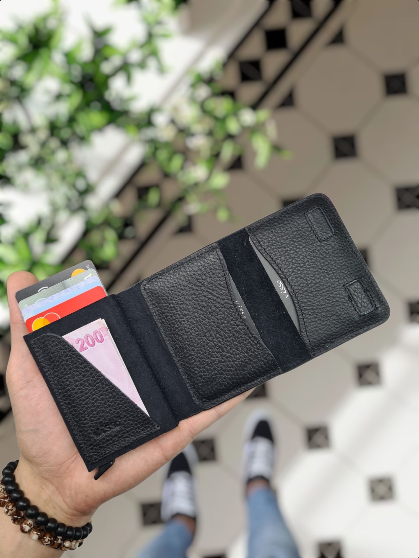 VİSSO 682 HAKİKİ DERİ ÇANTA  İSME ÖZEL MEKANİZMALI AKILLI OTOMATİK CÜZDAN KARTLIK SİYAH RENK DERİ