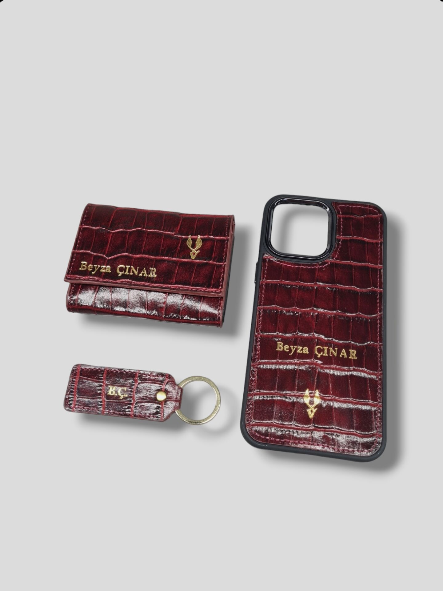 VİSSO 660 HAKİKİ DERİ ÇANTA İSME ÖZEL GÜÇLÜ MIKNATISLI KİLİT AKORDİYON YELPAZE KARTLIK CÜZDAN ERKEK KADIN MODELİ BORDO Croco + Anahtarlık+ kılıf