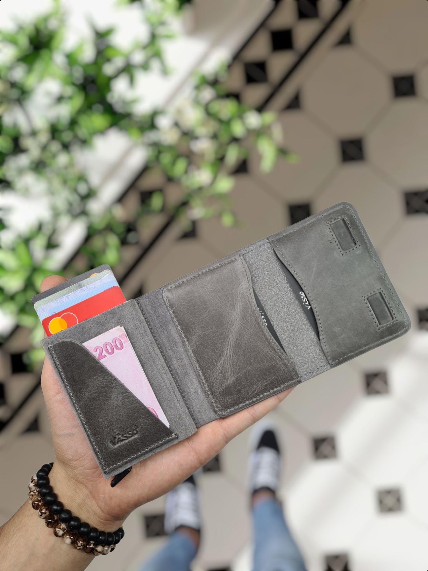 VİSSO 682 HAKİKİ DERİ  ÇANTA İSME ÖZEL Gri Natural Crayz  MEKANİZMALI KARLIK  CÜZDAN BAY BAYAN KULLANIM -