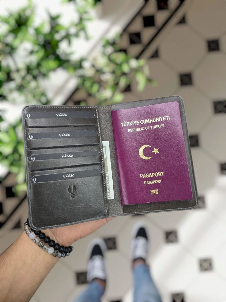 VİSSO 911 HAKİKİ ORJİNAL DERİ ÇANTA KREDİ KART VE KİMLİK HAZNELİ PASAPORTLUK - DERİ PASAPORT KILIFI GRİ RENK