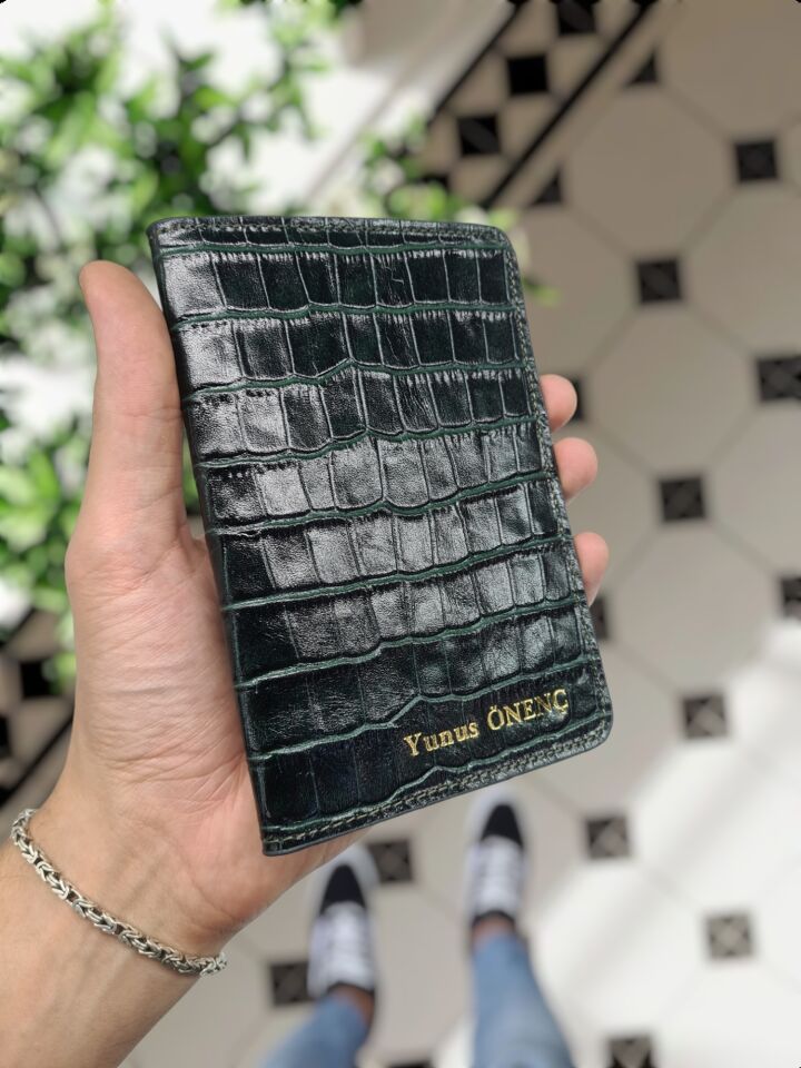 VİSSO 661 GERÇEK DERİ ÇANTA İSME ÖZEL ERKEK VE KADIN İÇİN FERMUARLI AKORDİYON-YELPAZE KREDİ KARTLIK MODEL Yeşil Croco + ANAHTAR + Kılıf