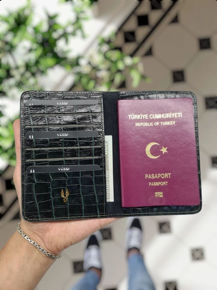 VİSSO 661 GERÇEK DERİ ÇANTA İSME ÖZEL ERKEK VE KADIN İÇİN FERMUARLI AKORDİYON-YELPAZE KREDİ KARTLIK MODEL Yeşil Croco + ANAHTAR + Kılıf