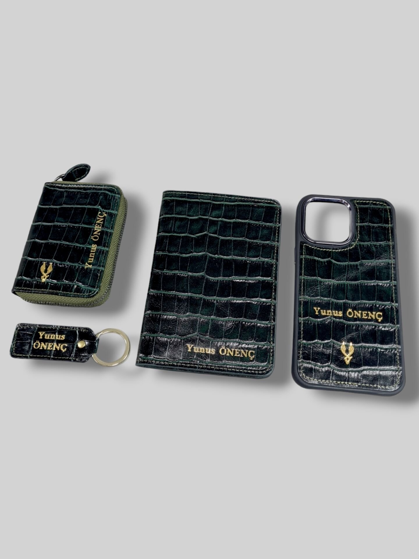 VİSSO 661 GERÇEK DERİ ÇANTA İSME ÖZEL ERKEK VE KADIN İÇİN FERMUARLI AKORDİYON-YELPAZE KREDİ KARTLIK MODEL Yeşil Croco + ANAHTAR + Kılıf