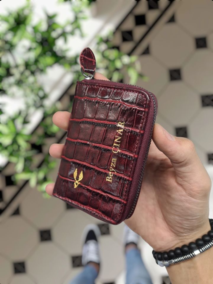 VİSSO 661 GERÇEK DERİ ÇANTA İSME ÖZEL ERKEK VE KADIN İÇİN FERMUARLI AKORDİYON-YELPAZE KREDİ KARTLIK MODEL Bordo Croco + ANAHTAR + Kılıf