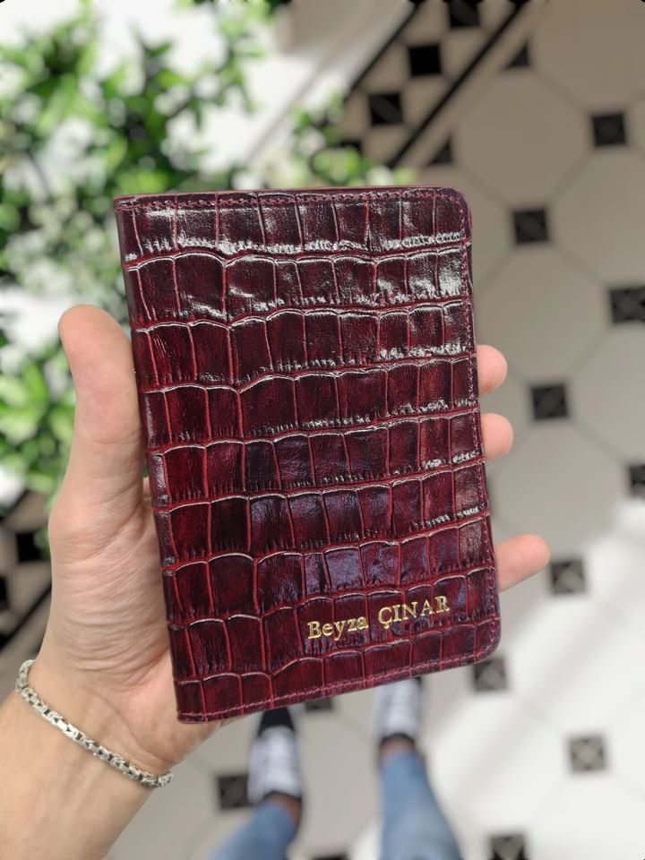 VİSSO 661 GERÇEK DERİ ÇANTA İSME ÖZEL ERKEK VE KADIN İÇİN FERMUARLI AKORDİYON-YELPAZE KREDİ KARTLIK MODEL Bordo Croco + ANAHTAR + Kılıf