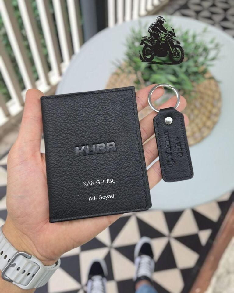 KUBA MOTOSİKLET Hakiki Deri Ruhsat Kılıfı İsme Özel Çanta Erkek Kadın Unisex Modeli Visso Gerçek Dana Derisi Siyah Renk ANAHTARLIK