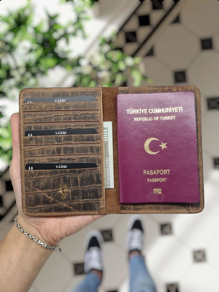 VİSSO 661 GERÇEK DERİ ÇANTA İSME ÖZEL ERKEK VE KADIN İÇİN FERMUARLI AKORDİYON-YELPAZE KREDİ KARTLIK MODEL Eskitme Croco + ANAHTAR + Kılıf