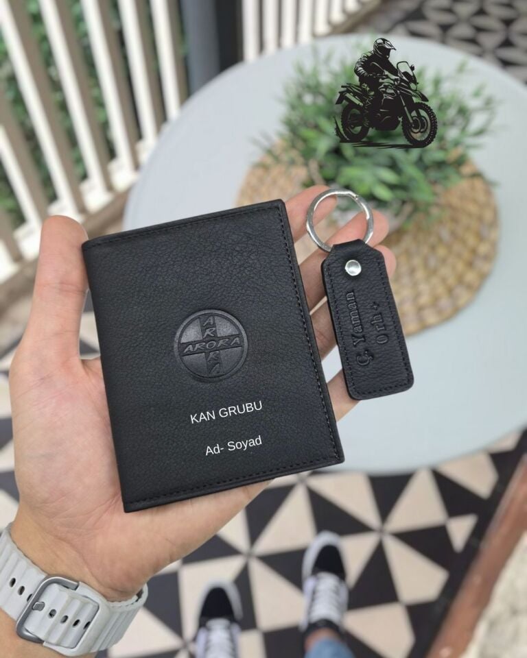 ARORA MOTOSİKLET Hakiki Deri Ruhsat Kılıfı İsme Özel Çanta Erkek Kadın Unisex Modeli Visso Gerçek Dana Derisi Siyah Renk + ANAHTARLIK