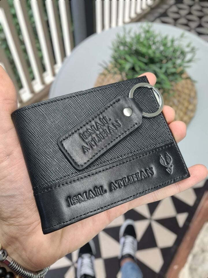 VİSSO 1272 HAKİKİ DERİ ÇANTA  İSME ÖZEL SİYAH RENK  HEDİYELİK CÜZDAN VE HALKALI HAKİKİ DERİ İSME ÖZEL ANAHTARLIK