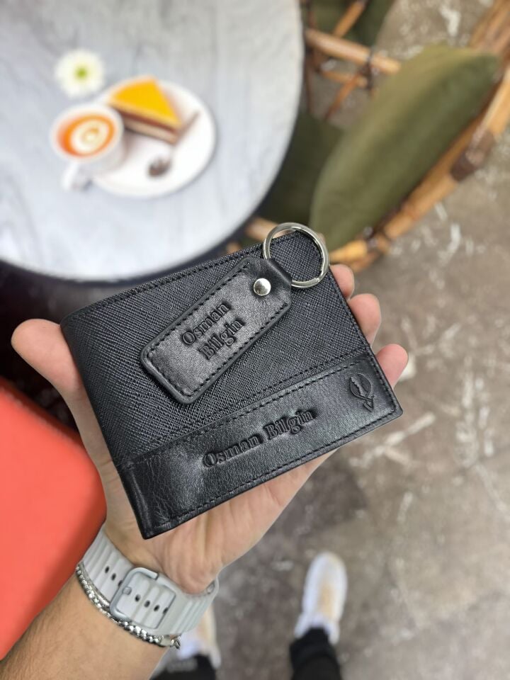 VİSSO 1272 HAKİKİ DERİ ÇANTA  İSME ÖZEL SİYAH RENK  HEDİYELİK CÜZDAN VE HALKALI HAKİKİ DERİ İSME ÖZEL ANAHTARLIK