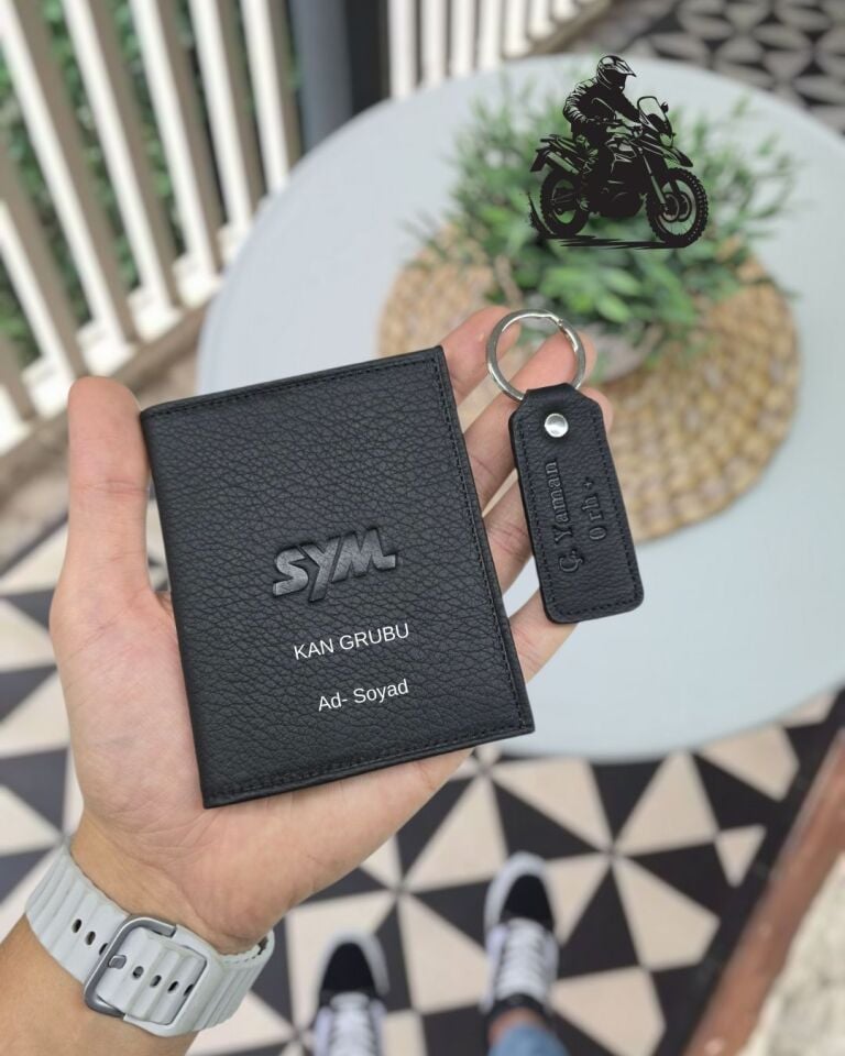 SYM MOTOSİKLET Hakiki Deri Ruhsat Kılıfı İsme Özel Çanta Erkek Kadın Unisex Modeli Visso Gerçek Dana Derisi Siyah Renk
