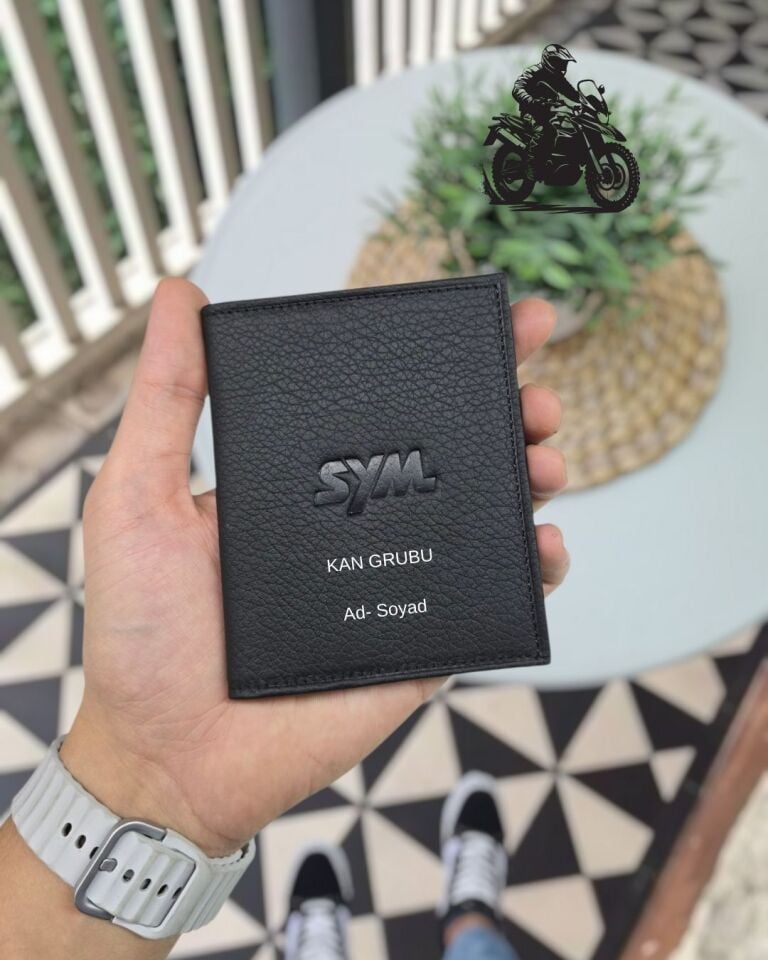 SYM MOTOSİKLET Hakiki Deri Ruhsat Kılıfı İsme Özel Çanta Erkek Kadın Unisex Modeli Visso Gerçek Dana Derisi Siyah Renk