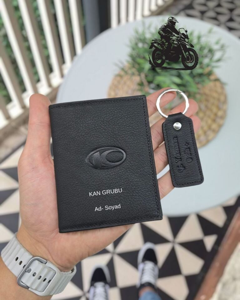 KYMCO MOTOSİKLET Hakiki Deri Ruhsat Kılıfı İsme Özel Çanta Erkek Kadın Unisex Modeli Visso Gerçek Dana Derisi Siyah Renk + ANAHTARLIK