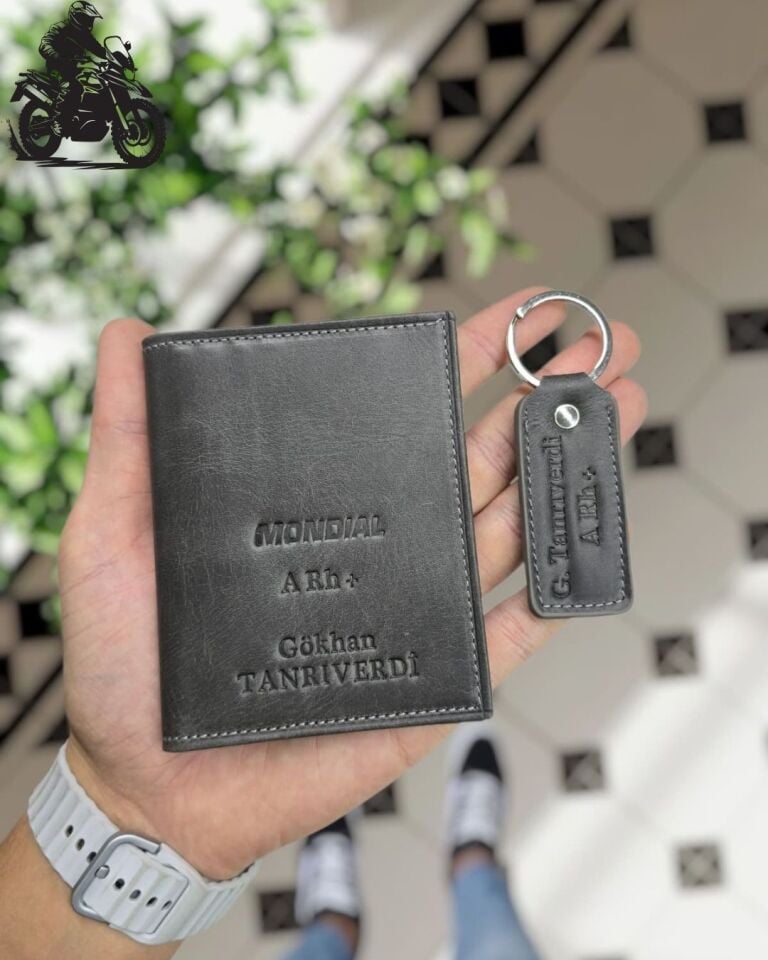 Mondial MOTOSİKLET Hakiki Deri Ruhsat Kılıfı İsme Özel Çanta Erkek Kadın Unisex Modeli Visso Gerçek Dana Derisi SİYAH Renk + ANAHTARLIK