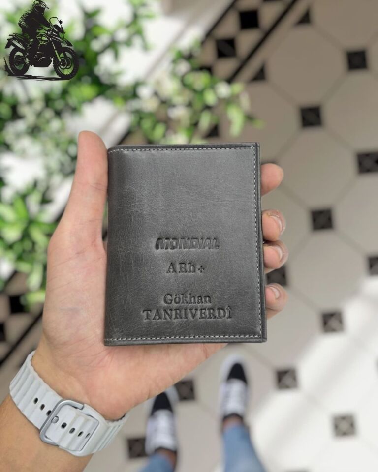 Mondial MOTOSİKLET Hakiki Deri Ruhsat Kılıfı İsme Özel Çanta Erkek Kadın Unisex Modeli Visso Gerçek Dana Derisi SİYAH Renk