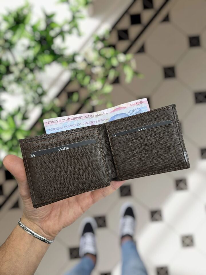 VİSSO 1272 Hakiki Deri İsme Özel  Erkek Cüzdan Çanta Portföy Kahverengi Prada