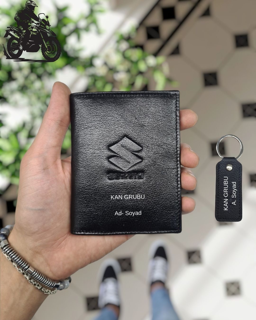 Suzuki MOTOSİKLET Hakiki Deri Ruhsat Kılıfı İsme Özel Çanta Erkek Kadın Unisex Modeli Visso Gerçek Dana Derisi SİYAH Renk + ANAHTARLIK