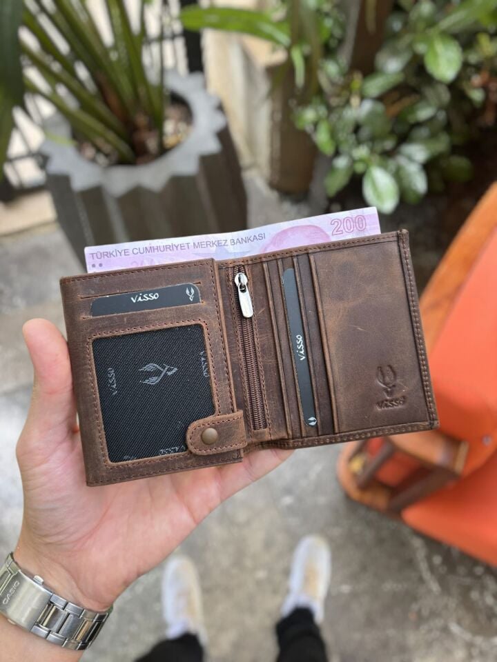 VİSSO 114 HAKİKİ DERİ ÇANTA  İSME ÖZEL ÜÇ KİMLİK KART BÖLMELİ  FERMUARLI KADIN ERKEK ÇITIÇITLI CÜZDAN KAHVE MATRİX CÜZDAN