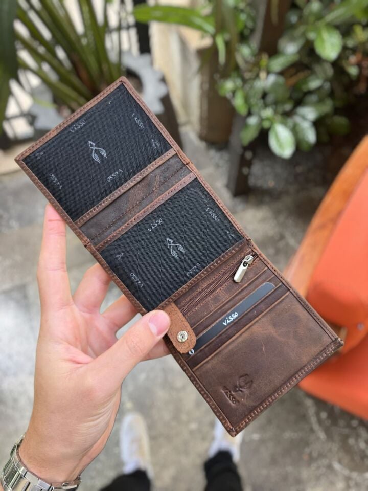 VİSSO 114 HAKİKİ DERİ ÇANTA  İSME ÖZEL ÜÇ KİMLİK KART BÖLMELİ  FERMUARLI KADIN ERKEK ÇITIÇITLI CÜZDAN KAHVE MATRİX CÜZDAN