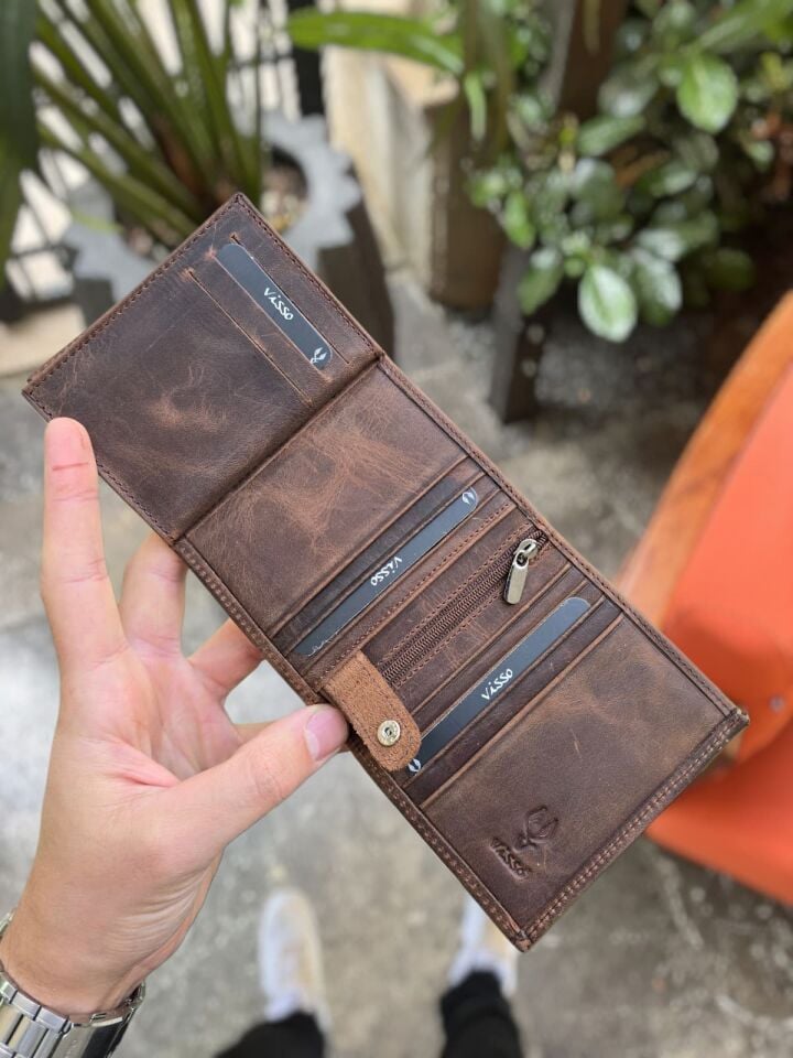 VİSSO 114 HAKİKİ DERİ ÇANTA  İSME ÖZEL ÜÇ KİMLİK KART BÖLMELİ  FERMUARLI KADIN ERKEK ÇITIÇITLI CÜZDAN KAHVE MATRİX CÜZDAN