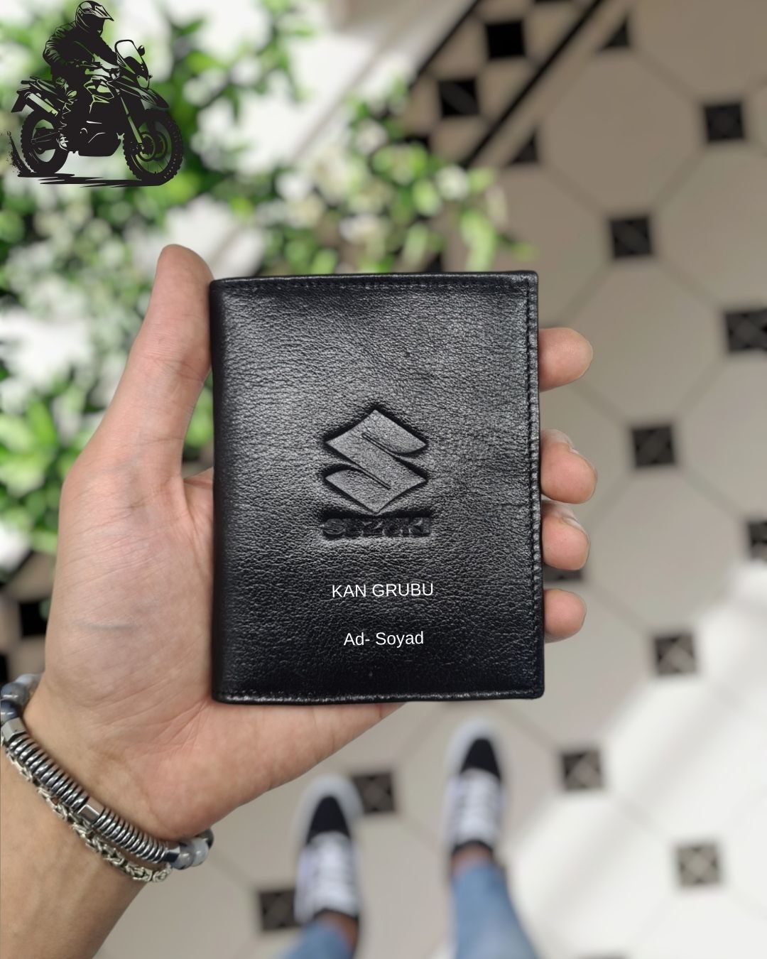 Suzuki MOTOSİKLET Hakiki Deri Ruhsat Kılıfı İsme Özel Çanta Erkek Kadın Unisex Modeli Visso Gerçek Dana Derisi SİYAH Renk