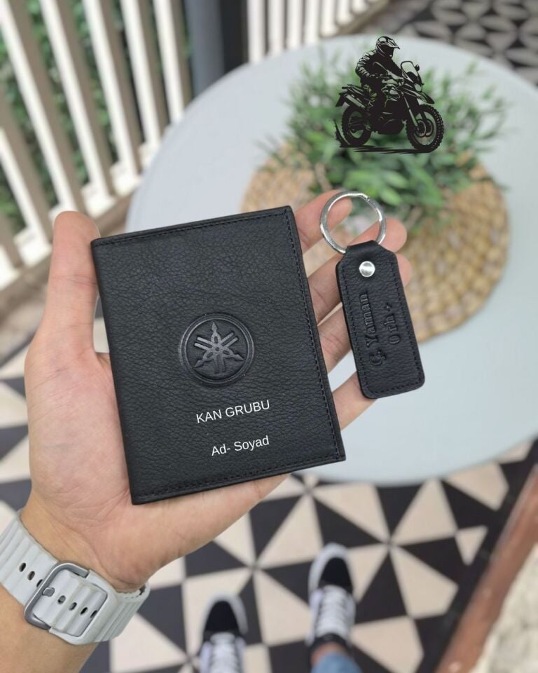 Yamaha MOTOSİKLET Hakiki Deri Ruhsat Kılıfı İsme Özel Çanta Erkek Kadın Unisex Modeli Visso Gerçek Dana Derisi SİYAH Renk + ANAHTARLIK