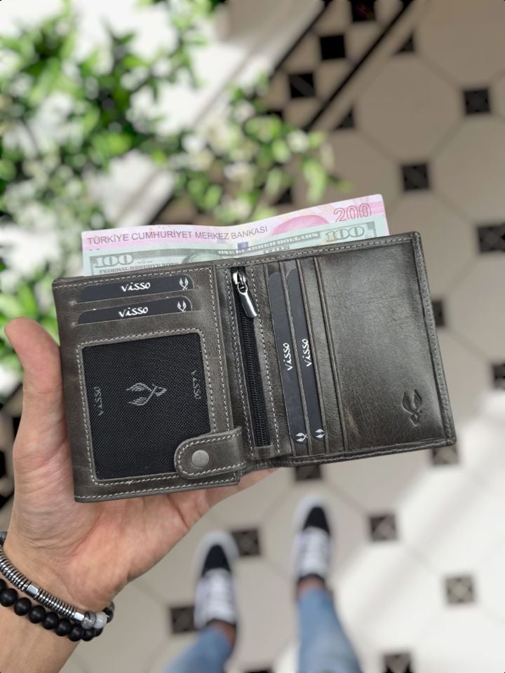 VİSSO 114 HAKİKİ DERİ ÇANTAİSME ÖZEL ÜÇ KİMLİK KART BÖLMELİ  FERMUARLI KADIN ERKEK ÇITIÇITLI CÜZDAN GRİ NATURAL CÜZDAN