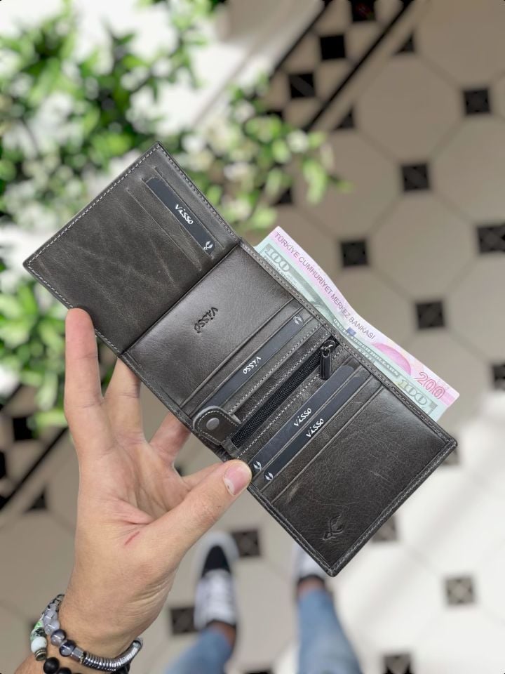 VİSSO 114 HAKİKİ DERİ ÇANTAİSME ÖZEL ÜÇ KİMLİK KART BÖLMELİ  FERMUARLI KADIN ERKEK ÇITIÇITLI CÜZDAN GRİ NATURAL CÜZDAN