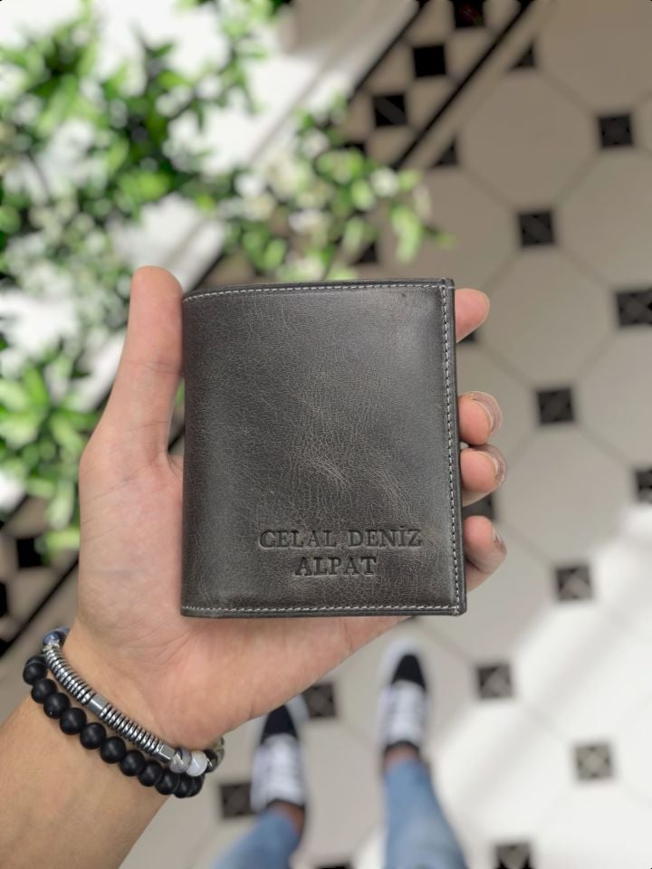 VİSSO 114 HAKİKİ DERİ ÇANTAİSME ÖZEL ÜÇ KİMLİK KART BÖLMELİ  FERMUARLI KADIN ERKEK ÇITIÇITLI CÜZDAN GRİ NATURAL CÜZDAN
