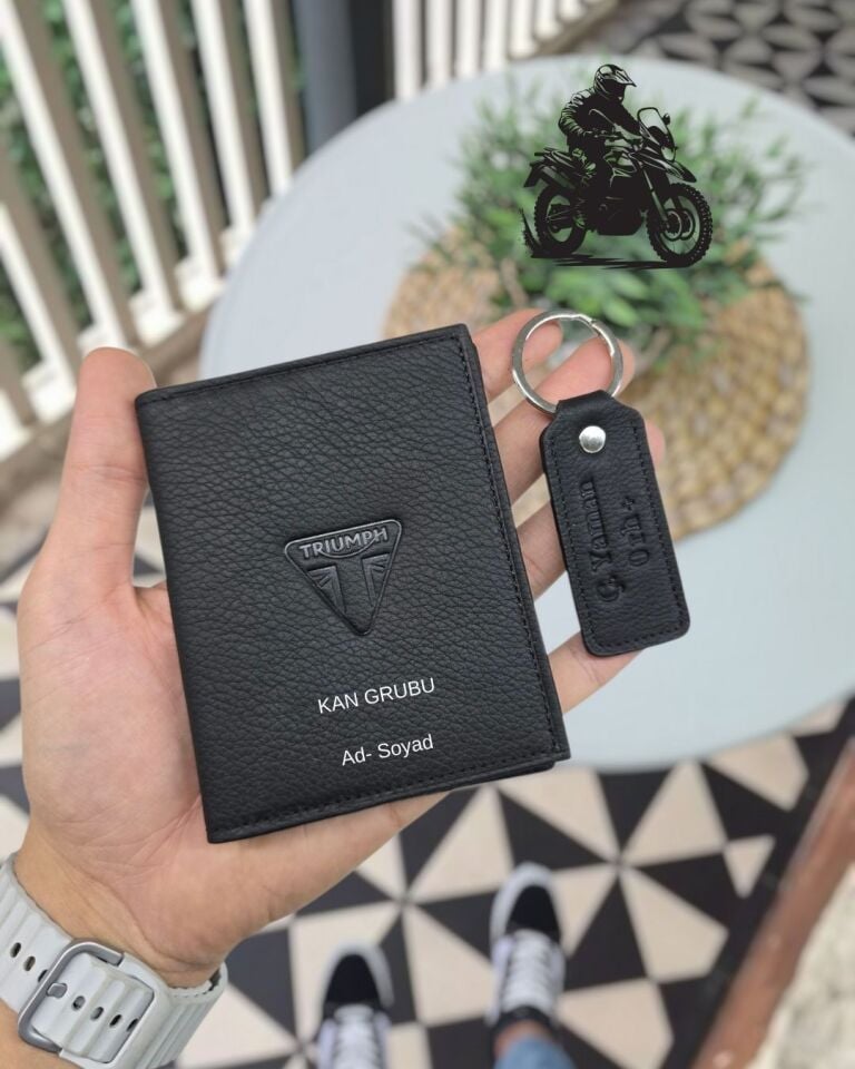 Triumph MOTOSİKLET Hakiki Deri Ruhsat Kılıfı İsme Özel Çanta Erkek Kadın Unisex Modeli Visso Gerçek Dana Derisi SİYAH Renk + ANAHTARLIK