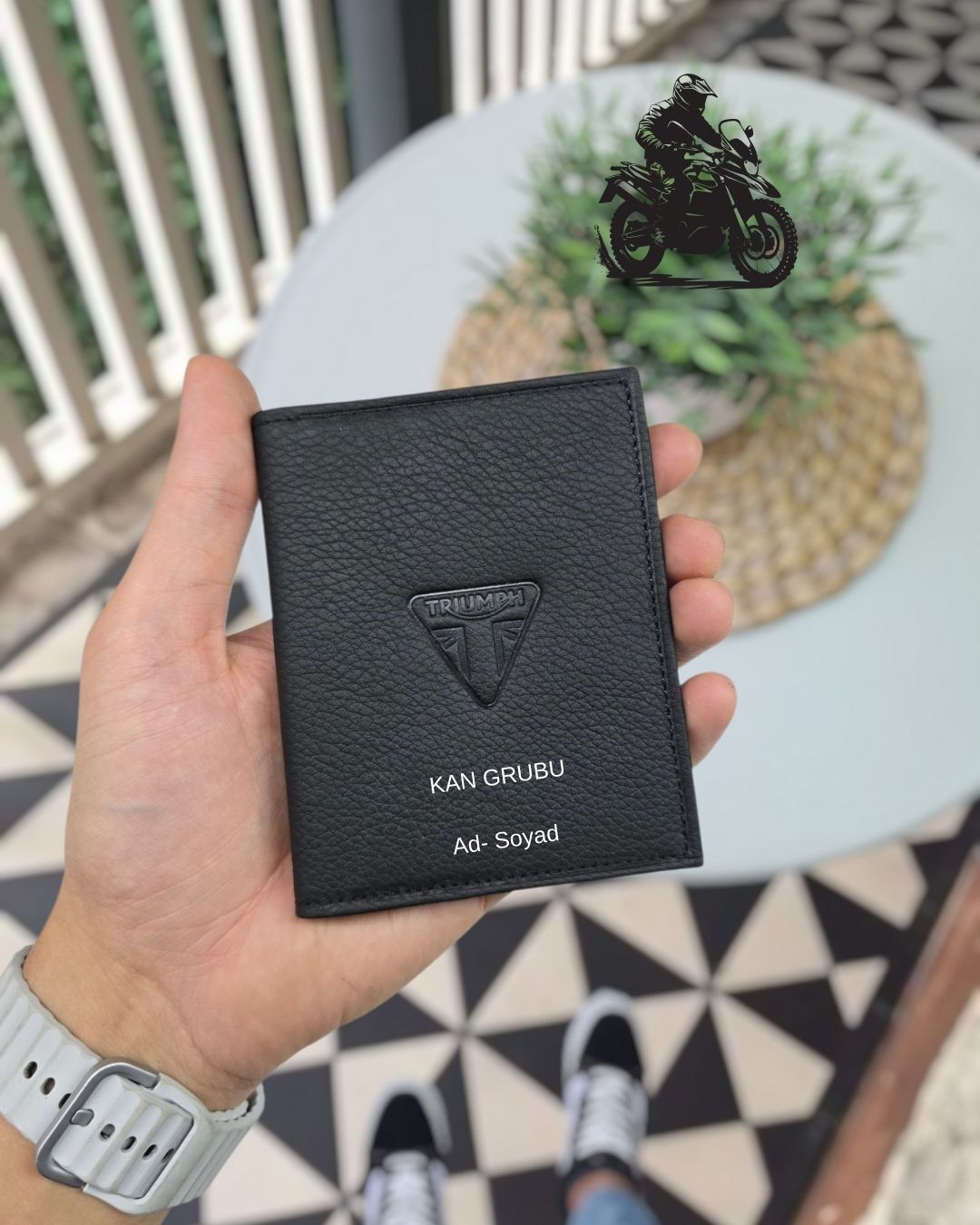Triumph MOTOSİKLET Hakiki Deri Ruhsat Kılıfı İsme Özel Çanta Erkek Kadın Unisex Modeli Visso Gerçek Dana Derisi SİYAH Renk