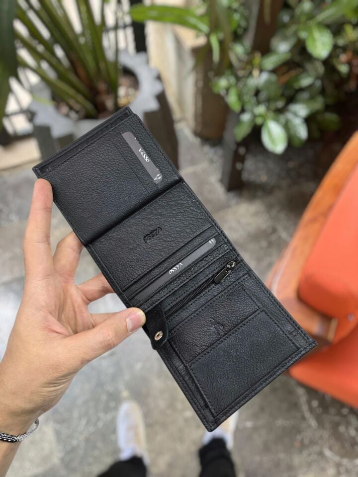 VİSSO 111 CEPLİ SİYAH HAKİKİ DERİ ÇANTA İSME ÖZEL BOZUK PARA CEPLİ FERMUARLI ÇITÇITLI KADIN ERKEK CÜZDAN BAY