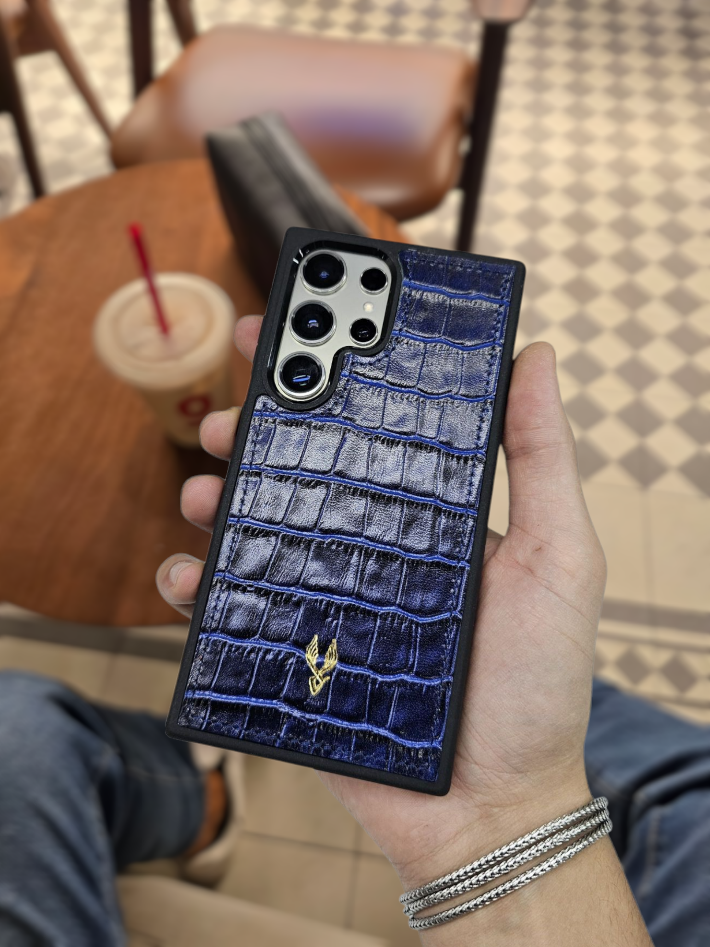 VİSSO  Lacivert Croco Hakiki Deri SAMSUNG GALAXY S24 ULTRA İsim Baskılı Kişiye Özel Deri Telefon Kılıfı KARGO BEDAVA Lacivert Croco Renk