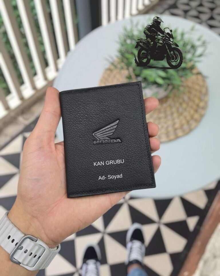 Honda MOTOSİKLET Hakiki Deri Ruhsat Kılıfı İsme Özel Çanta Erkek Kadın Unisex Modeli Visso Gerçek Dana Derisi SİYAH Renk