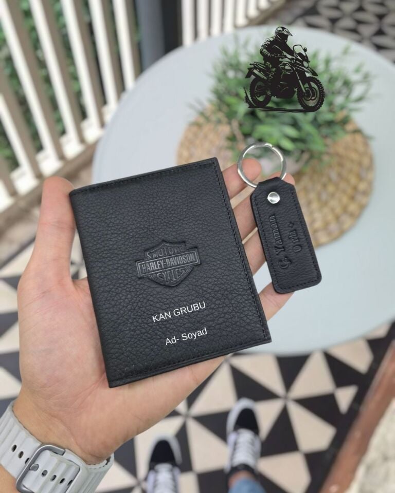Harley-Davidson MOTOSİKLET Hakiki Deri Ruhsat Kılıfı İsme Özel Çanta Erkek Kadın Unisex Modeli Visso Gerçek Dana Derisi SİYAH Renk + ANAHTARLIK