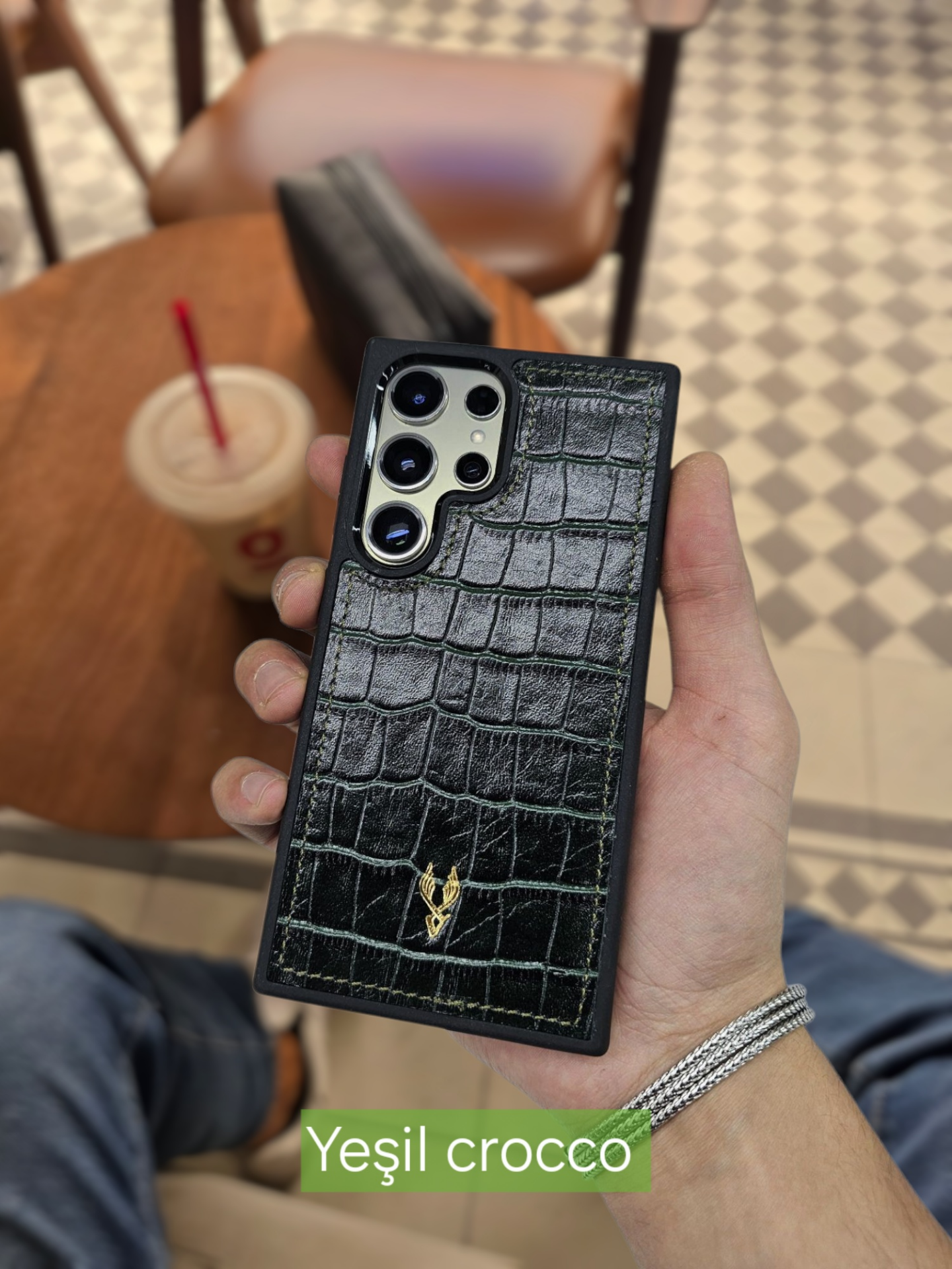 VİSSO  Yeşil Croco Hakiki Deri SAMSUNG GALAXY S24 ULTRA İsim Baskılı Kişiye Özel Deri Telefon Kılıfı KARGO BEDAVA Yeşil Croco Renk