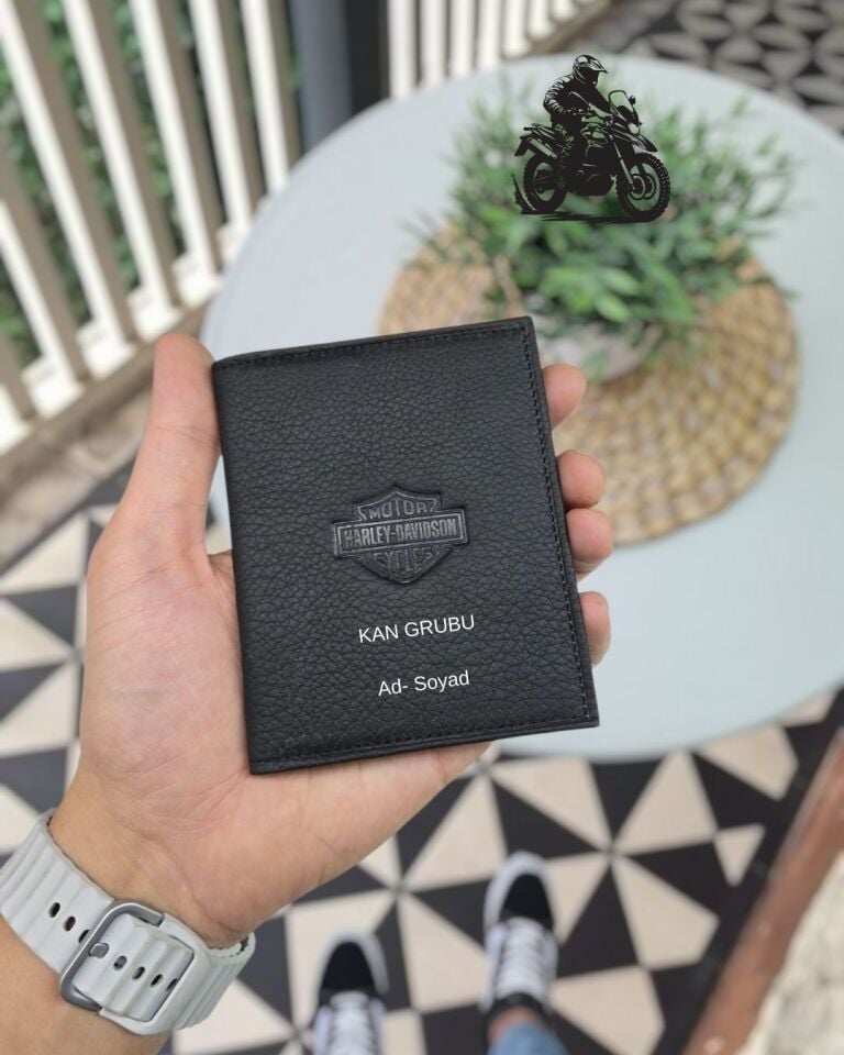 Harley-Davidson MOTOSİKLET Hakiki Deri Ruhsat Kılıfı İsme Özel Çanta Erkek Kadın Unisex Modeli Visso Gerçek Dana Derisi SİYAH Renk