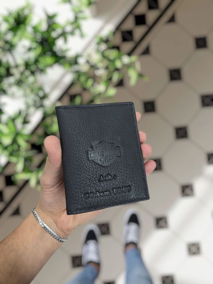 Harley-Davidson MOTOSİKLET Hakiki Deri Ruhsat Kılıfı İsme Özel Çanta Erkek Kadın Unisex Modeli Visso Gerçek Dana Derisi SİYAH Renk