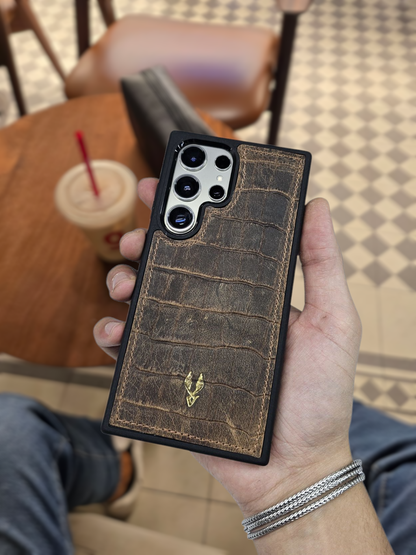 VİSSO Eskitme Kahve Croco Hakiki Deri SAMSUNG GALAXY S24 ULTRA İsim Baskılı Kişiye Özel Deri Telefon Kılıfı KARGO BEDAVA Eskitme Kahve Croco