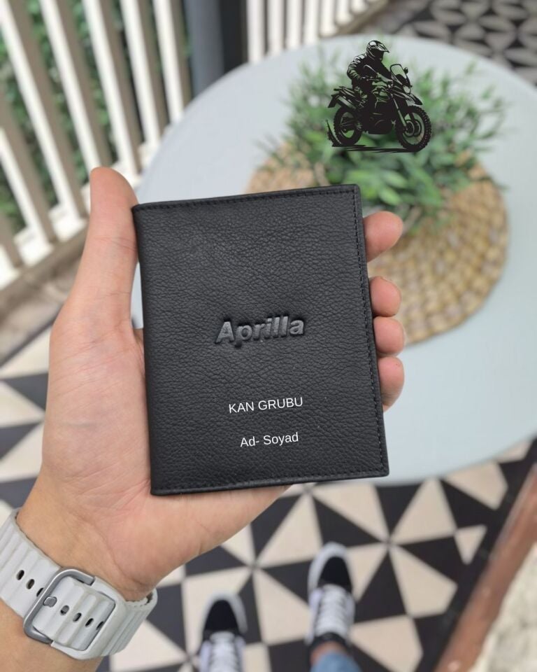 Aprilla MOTOSİKLET Hakiki Deri Ruhsat Kılıfı İsme Özel Çanta Erkek Kadın Unisex Modeli Visso Gerçek Dana Derisi SİYAH Renk