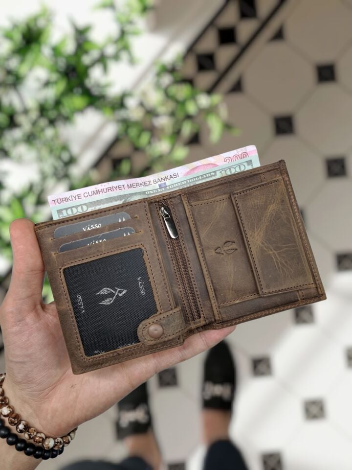 VİSSO 111 CEPLİ KAHVE MATRİX HAKİKİ DERİ ÇANTA İSME ÖZEL BOZUK PARA CEPLİ FERMUARLI ÇITÇITLI KADIN ERKEK CÜZDAN BAY