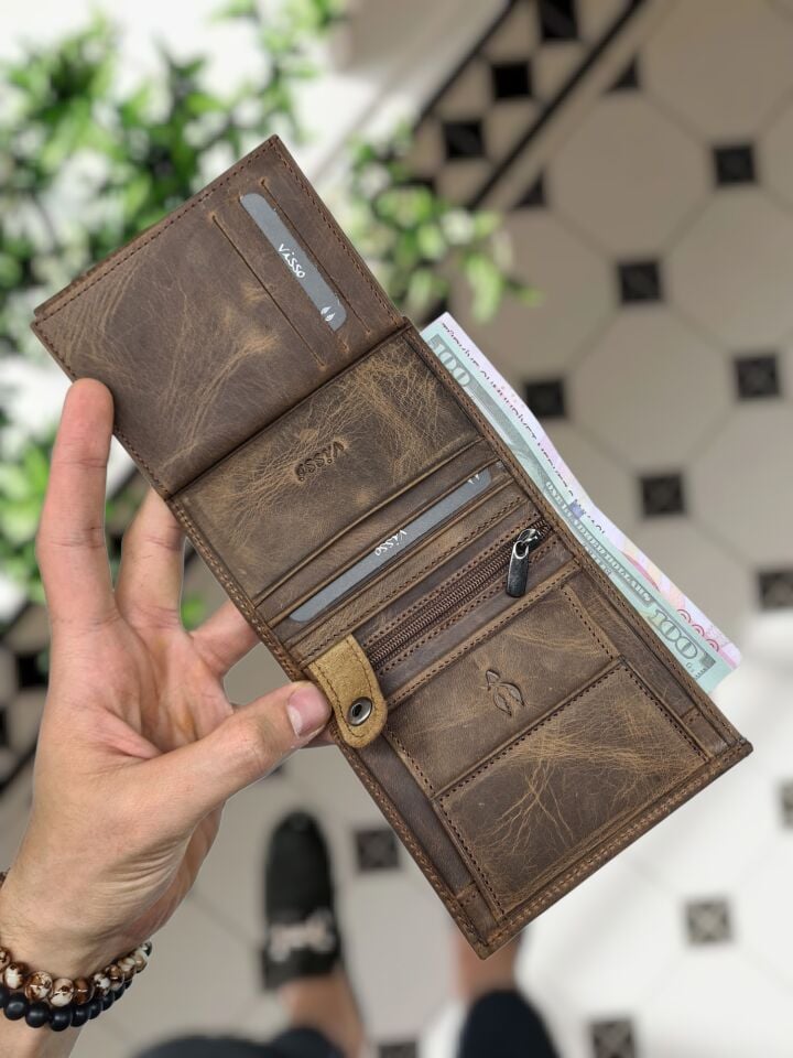 VİSSO 111 CEPLİ KAHVE MATRİX HAKİKİ DERİ ÇANTA İSME ÖZEL BOZUK PARA CEPLİ FERMUARLI ÇITÇITLI KADIN ERKEK CÜZDAN BAY