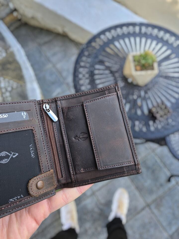 VİSSO 111 CEPLİ KAHVE MATRİX HAKİKİ DERİ ÇANTA İSME ÖZEL BOZUK PARA CEPLİ FERMUARLI ÇITÇITLI KADIN ERKEK CÜZDAN BAY