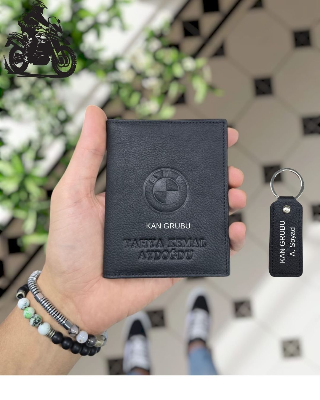 BMW MOTOSİKLET Hakiki Deri Ruhsat Kılıfı İsme Özel Çanta Erkek Kadın Unisex Modeli Visso Gerçek Dana Derisi SİYAH Renk + ANAHTARLIK