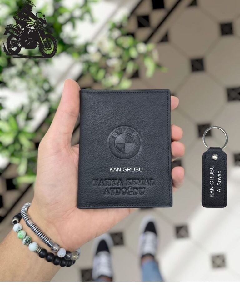 BMW MOTOSİKLET Hakiki Deri Ruhsat Kılıfı İsme Özel Çanta Erkek Kadın Unisex Modeli Visso Gerçek Dana Derisi SİYAH Renk + ANAHTARLIK