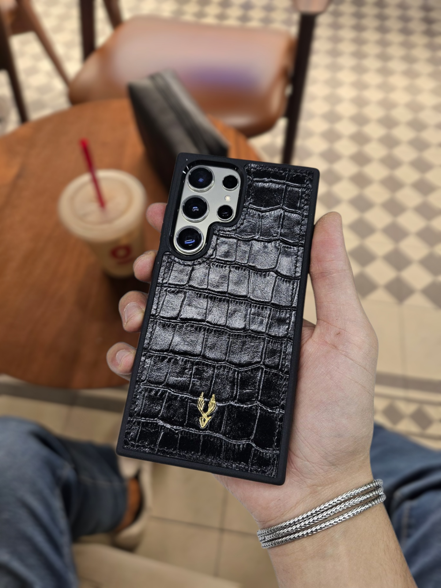 VİSSO Siyah Croco Hakiki Deri SAMSUNG GALAXY S24 ULTRA İsim Baskılı Kişiye Özel Deri Telefon Kılıfı KARGO BEDAVA   Siyah Croco