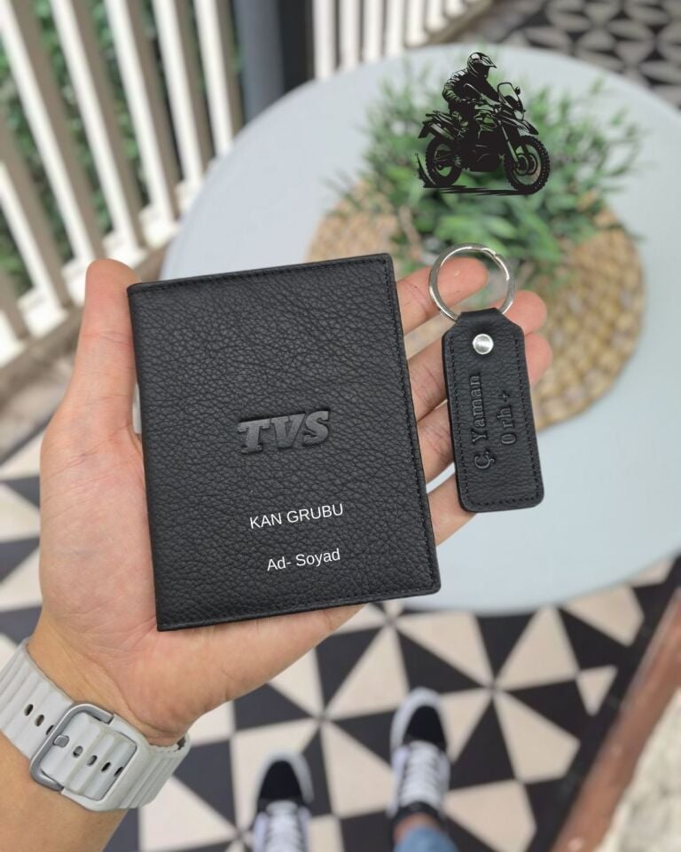 TVS MOTOSİKLET Hakiki Deri Ruhsat Kılıfı İsme Özel Çanta Erkek Kadın Unisex Modeli Visso Gerçek Dana Derisi SİYAH Renk + ANAHTARLIK