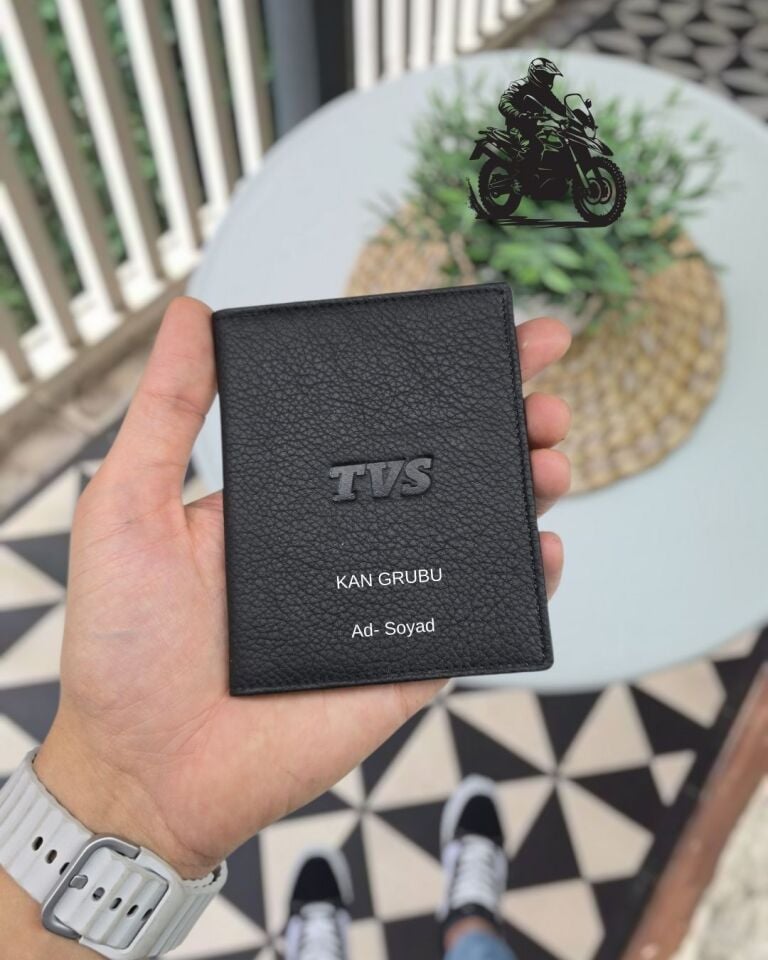 TVS MOTOSİKLET Hakiki Deri Ruhsat Kılıfı İsme Özel Çanta Erkek Kadın Unisex Modeli Visso Gerçek Dana Derisi SİYAH Renk