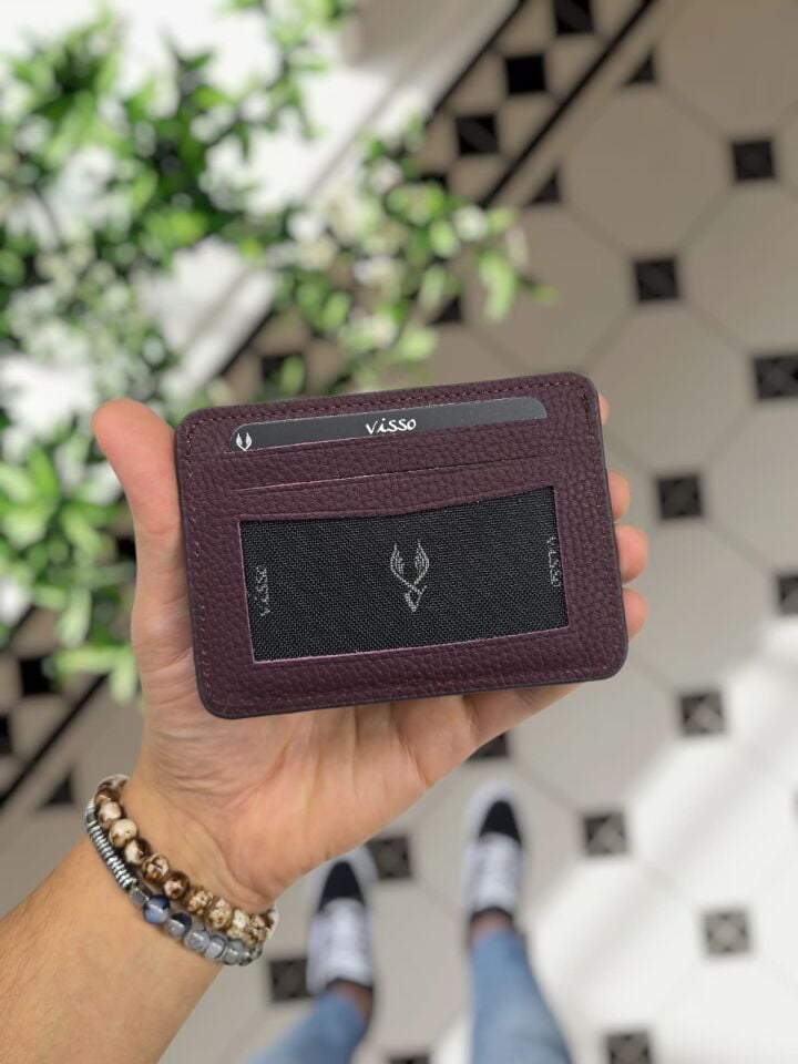 VİSSO 8600 Hakiki Deri Çıtçıtlı Akordeon Kartlık Akordeon Kimlik Bölmeli Kişiye İsme Özel Bay Bayan Çanta MÜRDÜM RENK